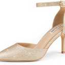 JOY IN LOVE Closed Toe Heels Pumps for Women 3IN Stiletto Pointed Toe Ankle Strap Heels (6.5, Gold Glitter)