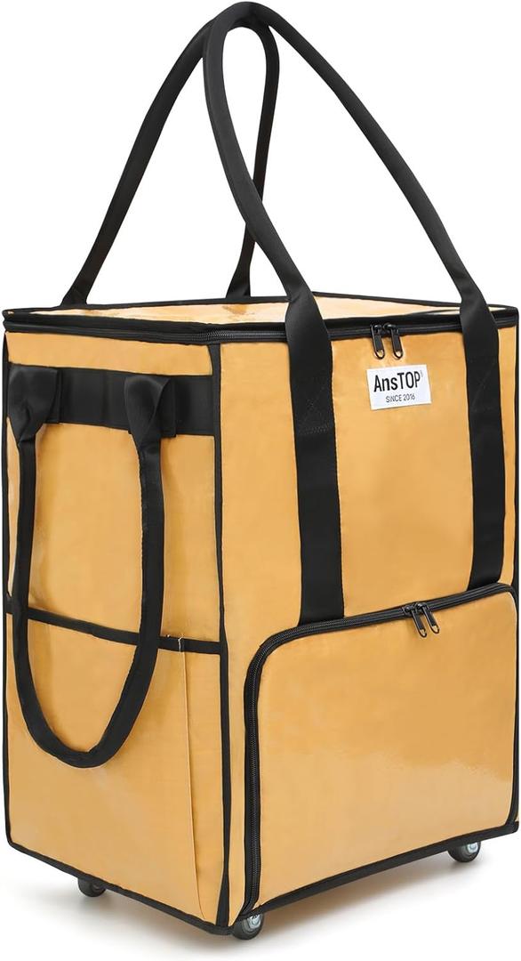 AnsTOP Reusable Grocery Bag on Wheels, 66LBS Foldable Shopping Cart with 5 Smooth Caster Wheels Zippered Top, Rolling Tote with Multiple Pockets for Groceries, Laundry, Travel, Camping,Medium,Brown