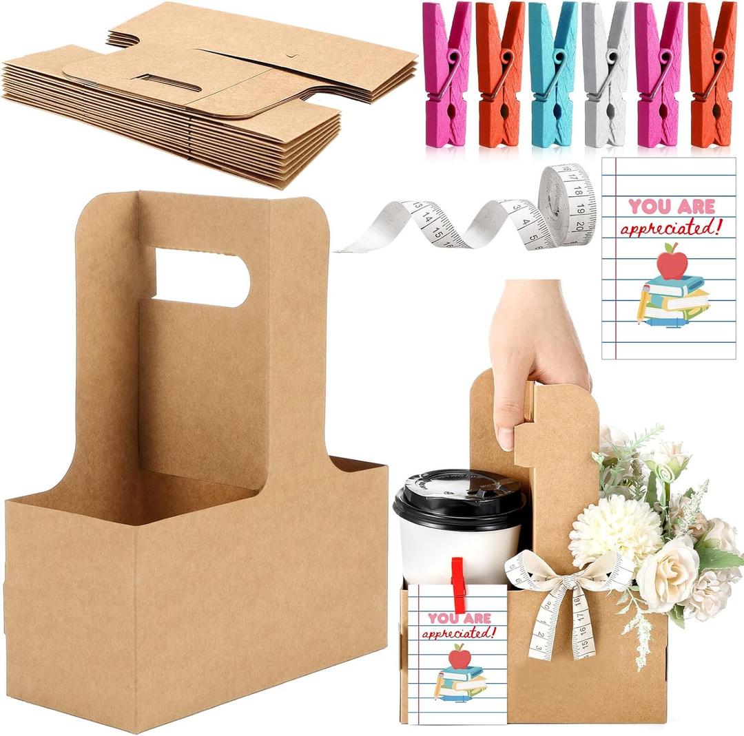 Reallnaive 12 Set Teacher Appreciation Gifts Bulk 2 Cup Drink Carriers with Handle Ruler Ribbon Teacher Appreciation Week/day Thank You Gifts Flower Bags with Thanks Cards(Classic,Kraft Paper Brown)