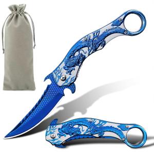 Pocket Knife, Cool Embossed 3D dragon Folding Knife, Great Gift Edc Knives For Men Women Outdoor Survival Camping Hiking (Blue)