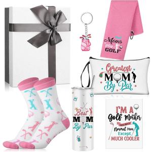 Geiserailie 7 Pcs Golf Gift for Women Golfer Golf Accessories Include 16oz Tumbler Makeup Bag Socks Towel Keychain Card Box Gifts for Golfer Lover Player Coach Graduation Holiday Birthday Party Favor, Mother Style