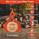 Log Lifting Tongs 36 Inch - 3300LBS Load Capacity Heavy Duty Log Grapple with 4 Serrated Claw Hooks & Handles, Logging Tongs for Tractors, Trucks, Forklifts, Orange