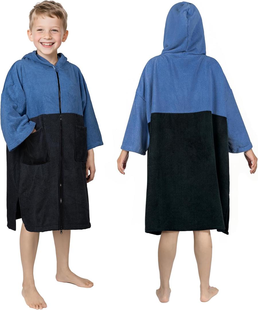 Hooded Towels for Kids Zippered Surf Poncho Swim Robe for 6-13 Years, 3/4 Sleeve Big Kids Hooded Beach Towel Thick Changing Robe Girls Boys, Black Blue