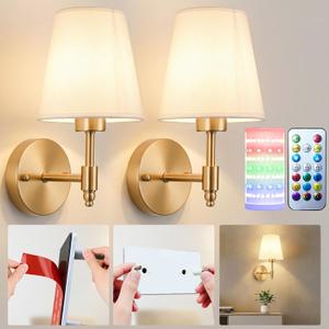 Nekhung Battery Operated Wall Sconces Set of Two, Wireless Battery Wall Light with 10000mAh RGB Dimmable Magnetic Bulb and Remote, Rechargeable Sconce Wall Decor for Bedroom Living Room Hallway