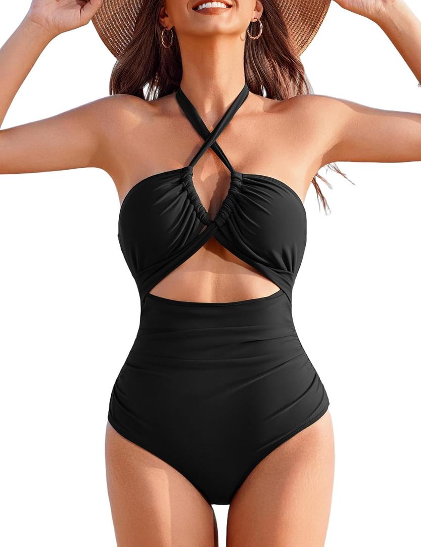 AI'MAGE Women's Sexy One Piece Swimsuit Tummy Control Criss Cross Bathing Suit Push Up Swimsuits V Neck Cutout Swimwear 2025 (XX-Large, Dark Black)