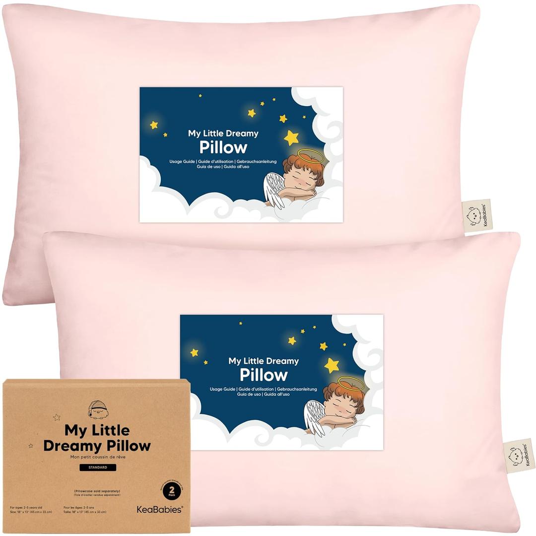 KeaBabies 2-Pack Toddler Pillow 13x18 - Soft Organic Cotton Kids Travel Bed Pillows for Sleeping, School, Nap, Machine Washable, Toddlers 2 to 5, Pillowcase Sold Separately (Mist Pink)