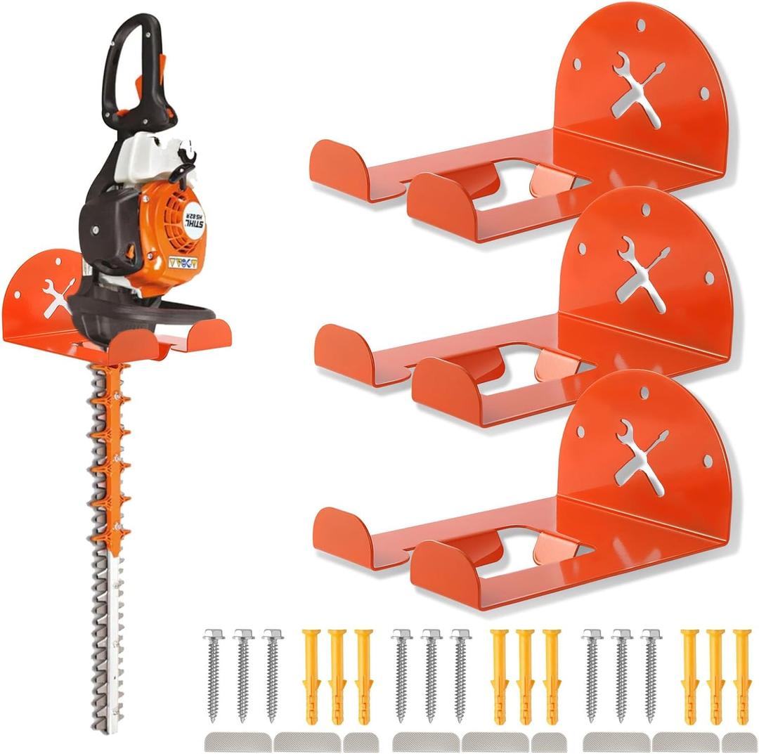 Upgraded Trimmer Rack Wall Mount - 8" Heavy Duty Weed Eater Hanger for Garage Wall, Garden Power Tool Holder Organizer Hooks for Grass Trimmer, Hedge Trimmer, Leaf Blower and Chainsaw, Orange, 3 Pack