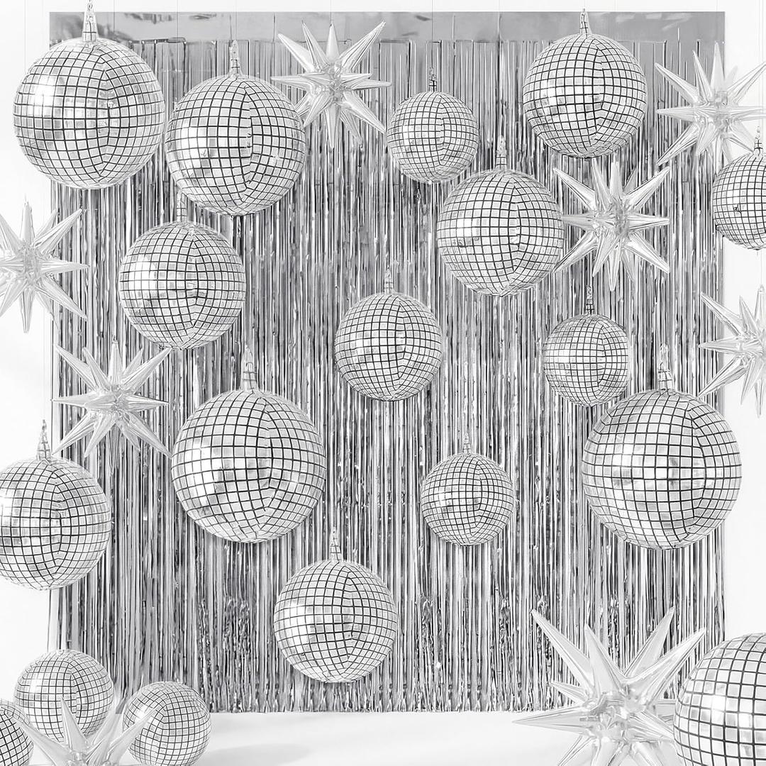 Seenelling 24 Pcs Silver Disco Party Decoration Sets 22'' 4D Disco Ball Star Balloons Shiny Metallic Tinsel Foil Fringe Curtains for Graduation Western Cowgirl Bride to Be Bachelorette Birthday
