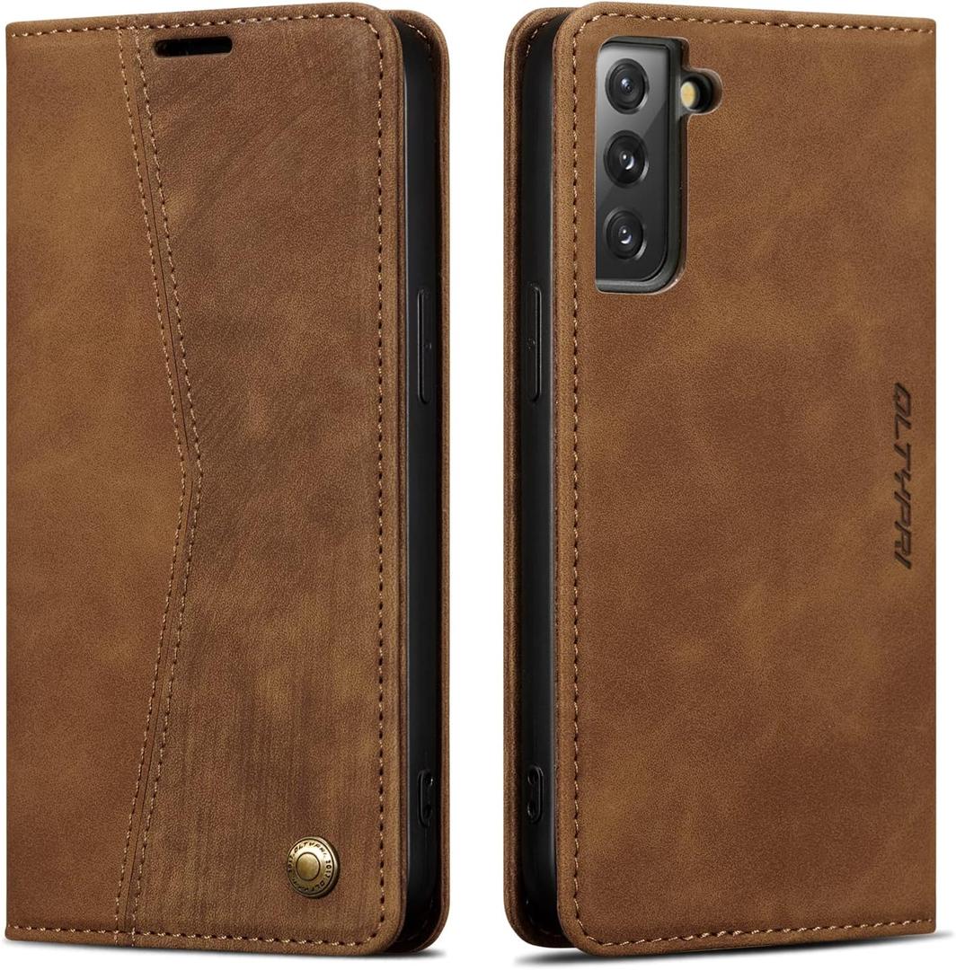 QLTYPRI Wallet Case for Samsung Galaxy S21 5G, Vintage Folio PU Leather Purse Case with Card Slots Magnetic Closure Kickstand Flip Crashproof Phone Cover for Samsumg Galaxy S21 -Brown