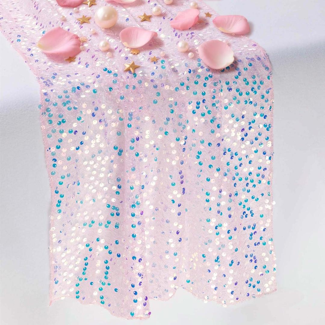 Pink Sequin Table Runner 1 Piece 10 Ft (17x120 Inch) - for Dessert Table or Multiple Kids Tables Iridescent Table Runner for Mermaid Princess Unicorn Fairy Party Decorations