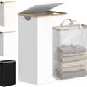 efluky Laundry Hamper with Lid, 100L Tall Laundry Basket with Bamboo Handles for Clothes and Toys, Collapsible Laundry Hamper with Inner Bag for Bedroom and Bathroom, White