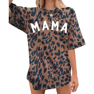 Women's Mama Shirt: Oversized Mama Shirts Trendy Mom T Shirt Loose Casual Summer Shirts Letter Print Short Sleeve Tops (X-Large, Leopard)