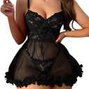 Foxiny Sexy Ruffle Floral Skirt Underwire Mesh Sheer Lace Babydoll Lingerie Dress with Thong 2 Piece 2 XL