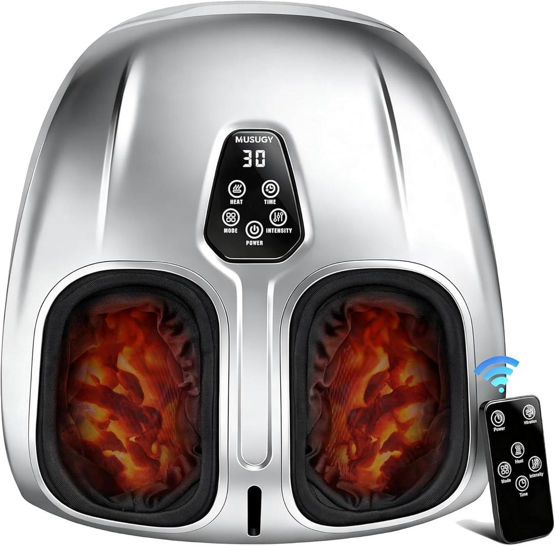 Foot Massager, Shiatsu Foot Massager Machine with Heat & Vibration & Compression for Plantar Fasciitis, Neuropathy - 5 Intensity, 4 Modes, 2 Heat, US Size 11, Relax for Women, Mom, Silver