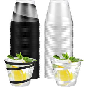 Gejoy 9 oz Rimmed Swirl Plastic Cups Disposable Wine Drinking Cups Clear Elegant Graduation Tumblers for Mother's Day Wedding Party Supplies(100 Pcs,Silver, Black)