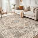 10x12 Washable Area Rug: Vintage Neutral Soft Non Slip Thin Large Floor Carpet for Living Room Bedroom Kitchen Dining Room Home Office Farmhouse Indoor - Beige Brown