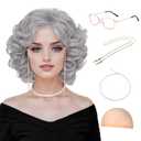 Old Lady Wigs for Women, Grey Wigs for Granny Grandma Costume-Gray Wig, Wig Cap, Madea Granny Glasses, Eyeglass Retainer Chain, Pearl Necklace (5pcs Set)