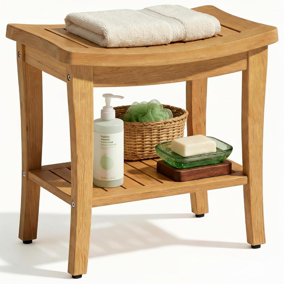OTSUN Teak Shower Bench Seat - 20" Solid Wood Stool Waterproof Teakwood Shower Bench Chair with Storage Shelf 500 Lbs Capacity for Bathroom, Indoor & Outdoor Use