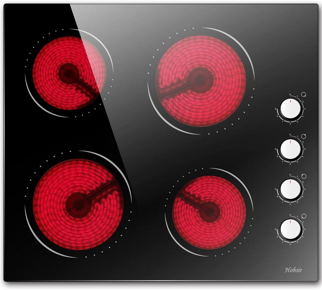 24 Inch Electric Cooktop Hobsir 4 Burners Built-in Radiant Electric Stove, 9 Heating Level, Residual Heat Indicator, Over-Temperature Protection, 220V-240V Hard Wire (No Plug), Knob 4-Zones 24inch 220v