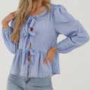 PRETTYGARDEN Women's Spring Fall Babydoll Peplum Blouse Shirt Puff Long Sleeve Bow Tie Front Trendy Cute Y2K Going Out Tops (Blue)