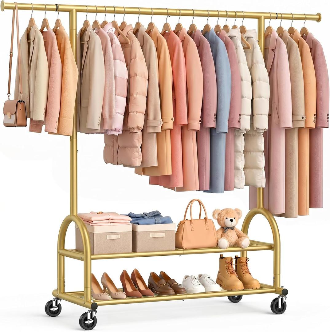 EAGMAK Heavy Duty Clothes Rack for Hanging Clothes Load 556 LBS, Height Adjustable Rolling Clothing Racks, Portable Metal Coat Rack Garment Wardrobe with Wheels and Shelves for Bedroom Laundry, Gold