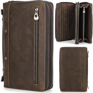 Top Grain Genuine Leather Clutch Wallet Bag with Hand Strap for Man & Woman, Handmade Minimalist Vintage Design, 2 Zip Pockets & Multi Slots, RFID Large Capacity for Cards/Phone/Check/Banknote, Coffee