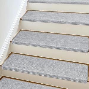 SMILOOL Bullnose Carpet Stair Treads Non Slip for Wooden Steps Indoor, 9.5" x 35" 4 Pieces, Extra Wide Bull Nose Carpet Runners for Wood Stairs, Step Covers, Stair Tread Rugs, Washable, Light Grey