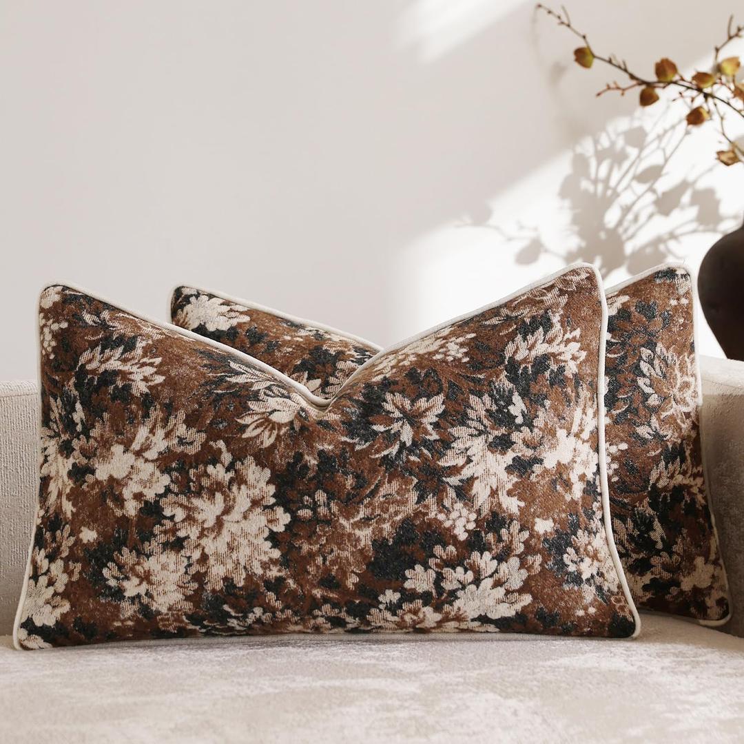 Pack of 2 Vintage Floral Pillow Covers 12x20 Boho Farmhouse Accents Chenille Rectangular Lumbar Decorative Throw Pillow Cases for Living Room Couch Bed Home Decor, Dark Brown