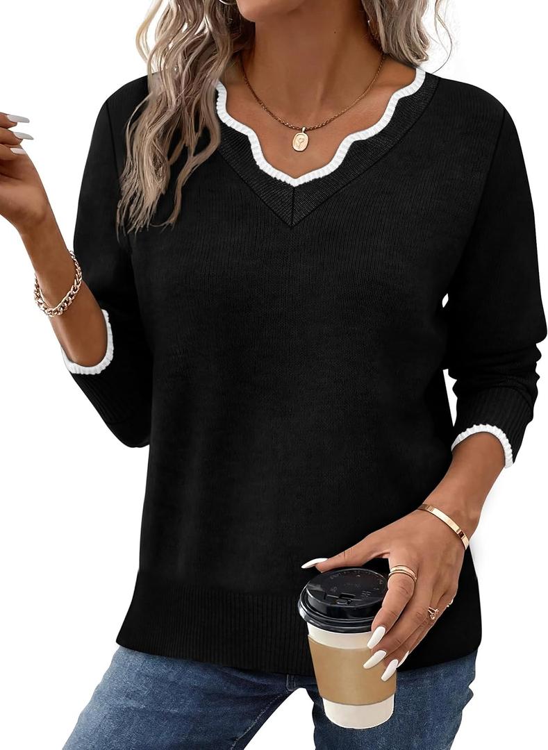 OFEEFAN Womens V Neck Sweaters Pullover Cozy Lightweight Sweaters Long Sleeve Tops Winter Clothing 2026 (Large, Black)
