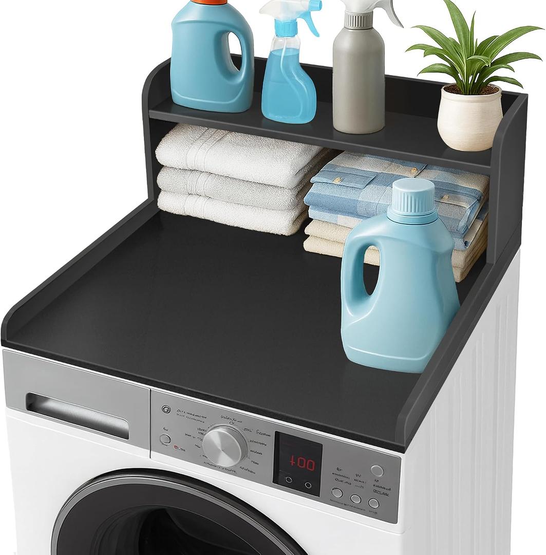 Royxen Washer Dryer Countertop with Shelf,2-Tier Laundry Countertop for Single Washer and Dryer,Soild Wood Core Washer Dryer Topper for Laundry Room Organization (Black)