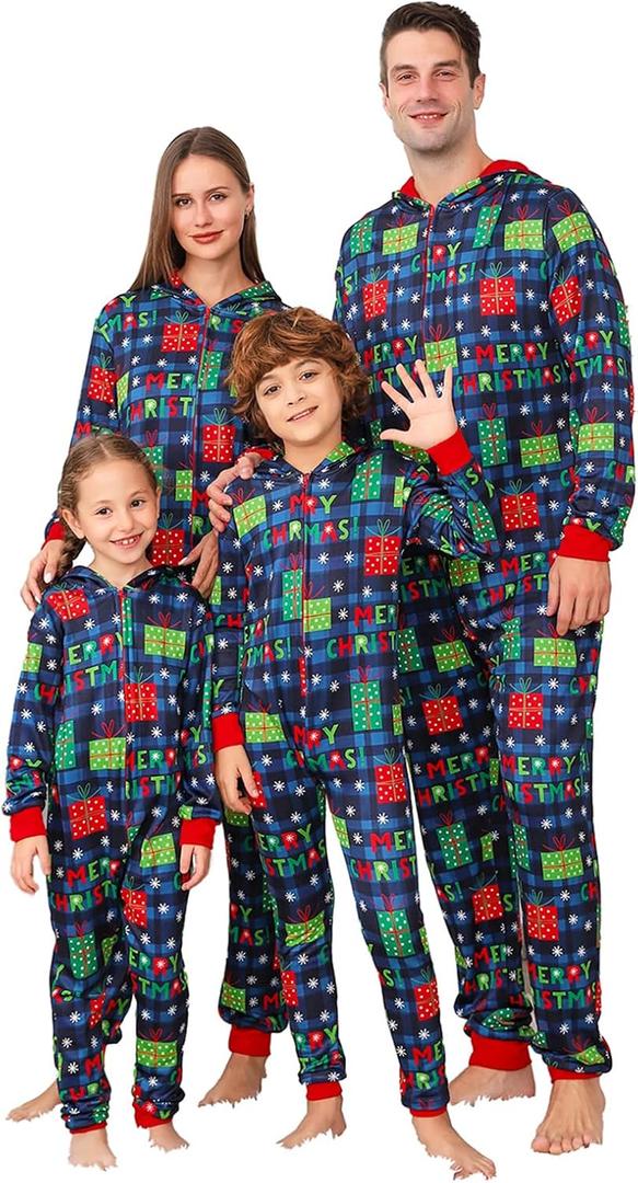 VNVNE Matching Christmas Onesie Pajamas for Women/Men/Couples/Family, Xmas Holiday Long Sleeve One-Piece Adults Pjs Sleepwear (Blue)