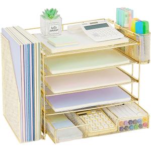 OPNICE Desk Organizer, 5-Tier Paper File Organizer with Drawer & Pen Holder, Office Desk Accessories, Workspace Desktop Organizer for Office Supplies(Gold)