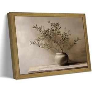 Wood Framed Olive Tree Canvas Wall Art, Minimalist Botanical Plant Vase Painting, Rustic Farmhouse Neutral Still Life Print Picture for Living Room Bedroom Kitchen Office Home Wall Decor 8x10 Inch
