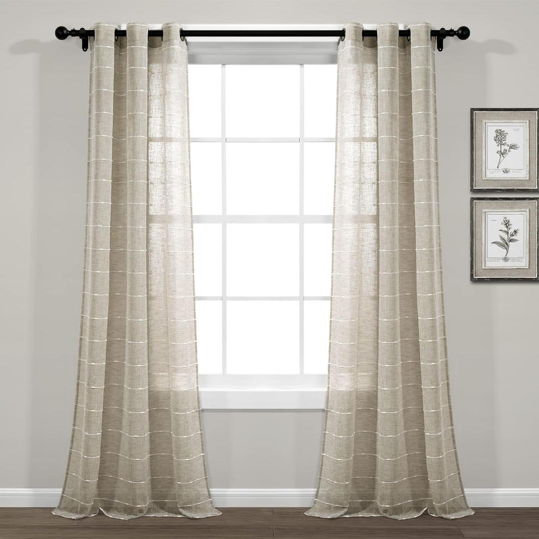 Lush Decor Farmhouse Textured Grommet Sheer Window Curtain Panel Pair, 38"W x 120"L, Neutral