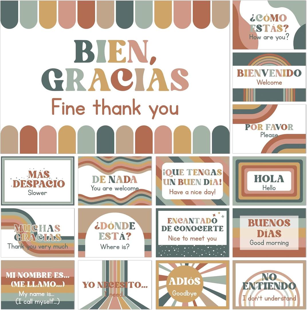 BelleAngle 16Pcs Bilingual Posters Spanish English Words and Phrases Poster Set Educational Materials for Teachers Preschool Back to School Classroom Decorations