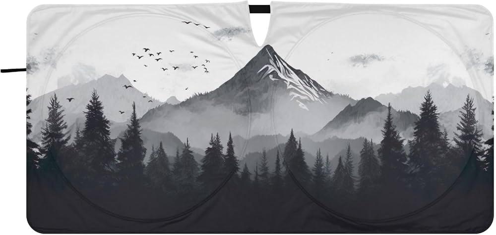 Mountain Car Windshield Sunshades Black Forest Adventure Nature Snow Peak Front Window Sun Shade Blocks UV Rays Sun Visor Protector for Car Sedan Truck SUV Accessories 59" L x 31.5" W