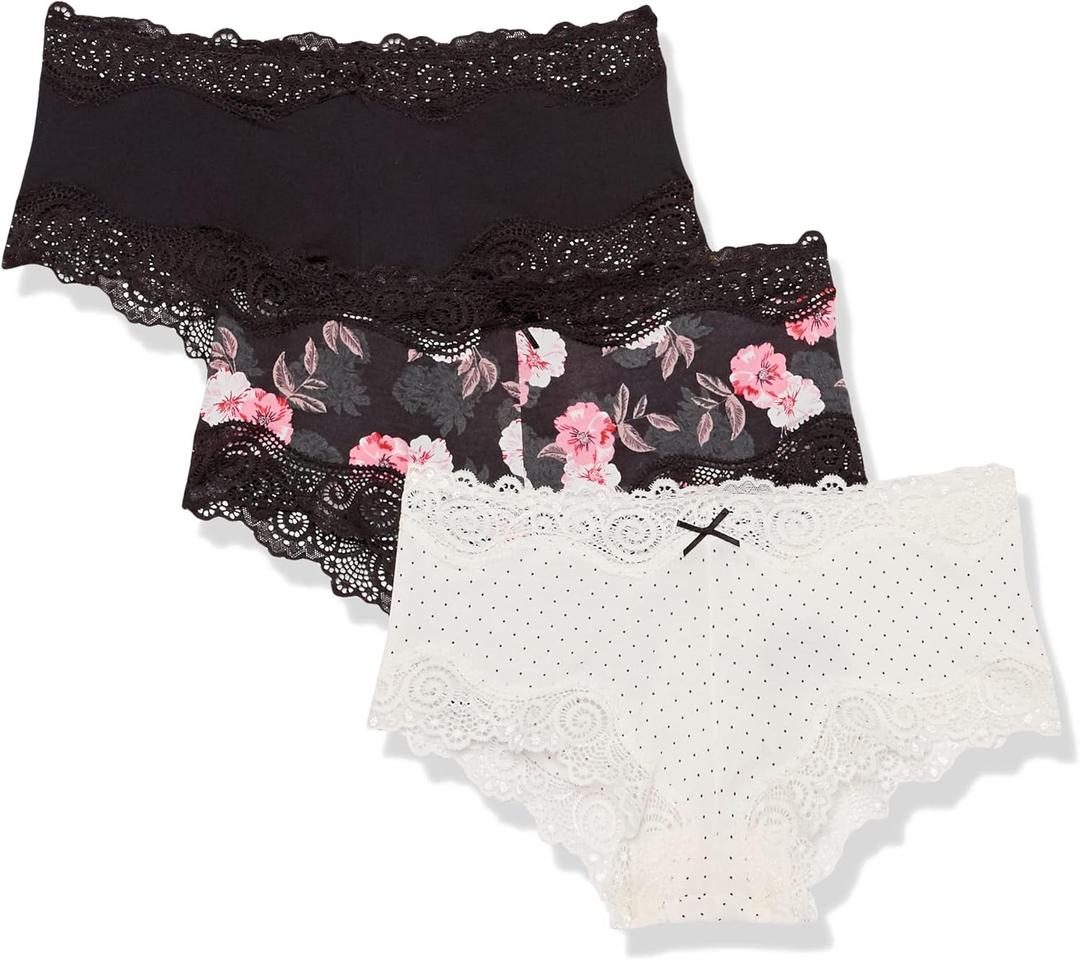 Maidenform Women's Hipster Underwear, Low-rise Cheeky Panty, Scalloped Lace Hipster Panty, 3-pack (X-Large, Black/Pearl Dot Print/Oil Flower Black)