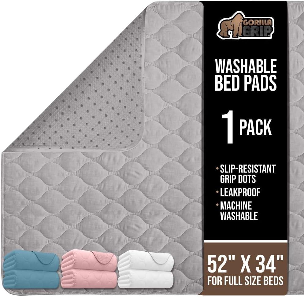 GORILLA GRIP Washable Underpads, Waterproof Reusable Heavy Absorbency Incontinence Bed Pads, Leak Proof Toddler Mattress Pad, 52x34 Slip Resistant Protector for Bedwetting, Adults and Kids, Gray