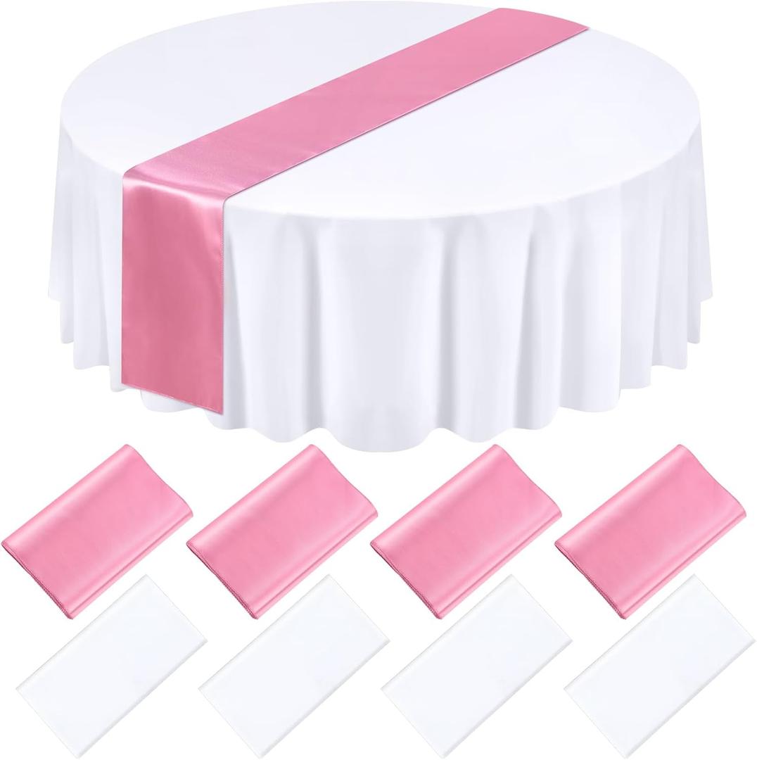 Tudomro 8 Pcs White and Light Pink Round Plastic Tablecloth and Satin Table Runner Set 84 Inch Round Covers 12 x 108 Inch Table Runners for Wedding Birthday Party Baby Shower Anniversary (White, Light Pink)