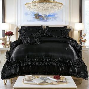 MOVE OVER 8 Pieces Black Satin Comforter Set King Size with Sheet Set Luxurious Soft and Silky Comforter Set Farmhouse Style Black Rufle Fringe Design Boho Comforter Silk Like Satin Bedding Set