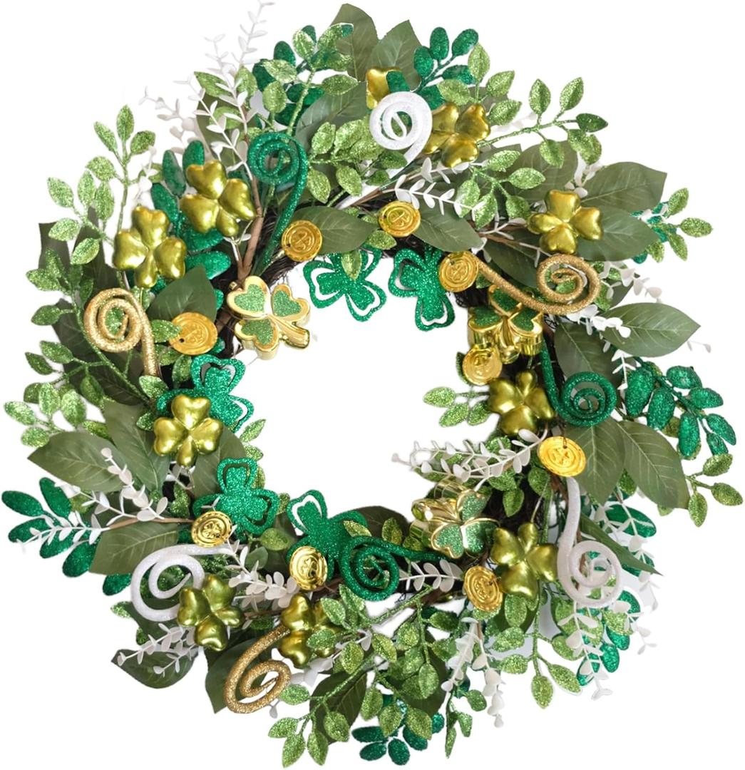 idyllic 22 Inch St. Patrick's Day Wreath Artificial Shamrock Eucalyptus Decor for Front Door Living Room Mantel Wall Window Porch Indoor Outdoor Holiday Home Decor