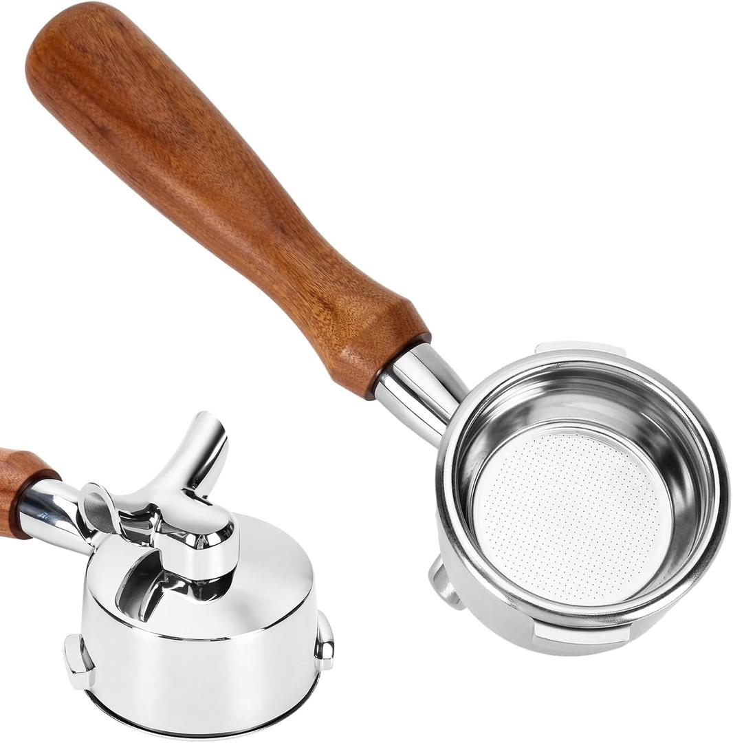 DIBTSA 58mm Portafilter Compatible with Gaggia, Double Spouts 2 Ears, with 304 Stainless Steel Reusable Filter Basket and Wood Handle, Espresso Machine Replacement Parts