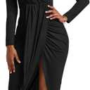 GOBLES Women's Sexy Long Sleeve V Neck Wrap Ruched Front Slit Midi Party Dress (Large, Black)
