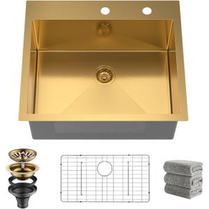 Drop In Kitchen Sink 27 Inch Gold Top Mount Sink 16 Gauge Stainless Steel 2-Hole Deep Single Bowl Kitchen Sinks 27"X22"X10"