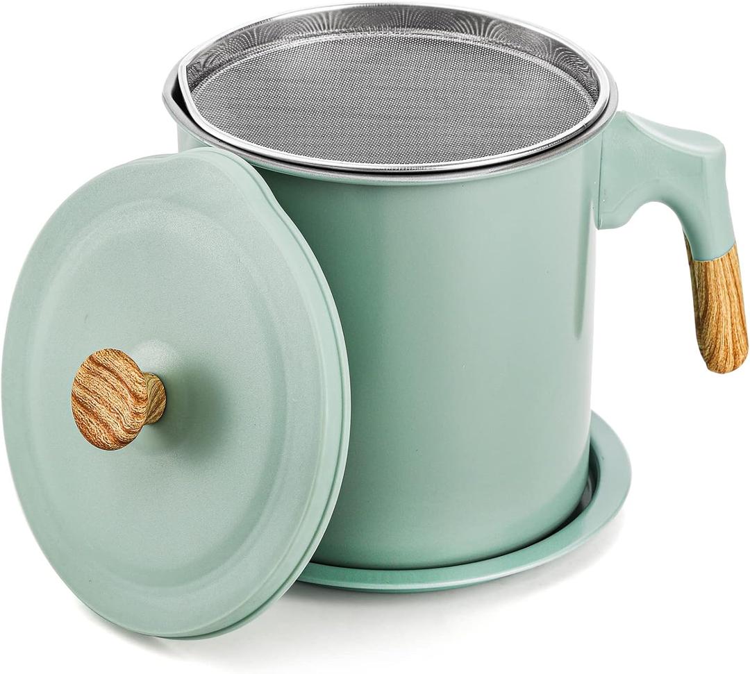 Lyellfe Bacon Grease Container with Strainer, 1.4L/48 Oz Stainless Steel Oils Filter Pot for Kitchen, Green Cooking Oil Storage Holder for Used Cooking Oils, Fat and Frying Oil