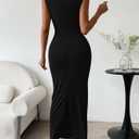 BTFBM Women's Ruched Bodycon Dress Summer Casual Sleeveless Back Slit Elegant Club Evening Party Cocktail Maxi Dresses (Black, M)