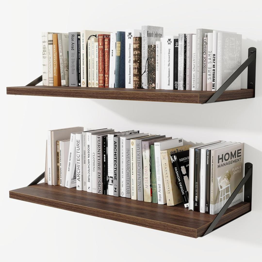 Deep Wall Shelves 30"W x 12"D Engineered Wood Floating Shelves for Wall, Sturdy Metal Bracket Bookshelves Home Decor Storage for Living Room Bedroom Bathroom Kitchen, Set of 2, Walnut Finish