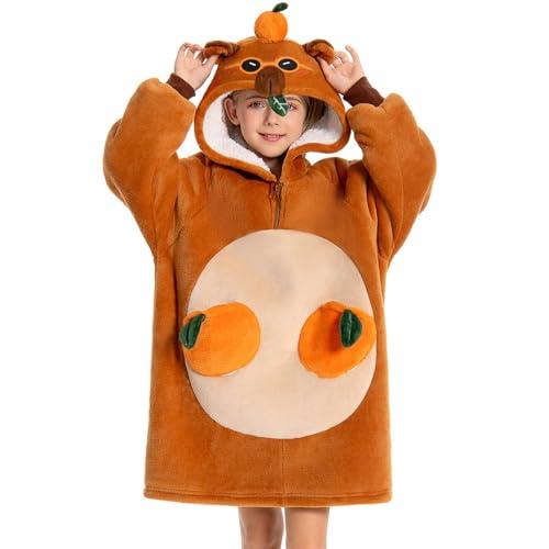 OLAOLA Capybara Wearable Blanket Hoodie Snuggies for Kids Oversized Animal Hooded Blanket Throw Comfy Sweatshirt Blanket Hoodie Sherpa Fleece Snuggy with Pockets & Sleeves for Christmas Gifts Size S