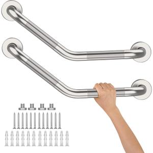 16 Inch Angled Shower Grab Bar, Munzong 2 Pack Anti Slip Satin Brushed Nickel Bathroom Grab Bar, Knurled Bathroom Balance Bar,Safety Hand Rail Support Handicap Elderly Injury Senior Assist Bath Handle