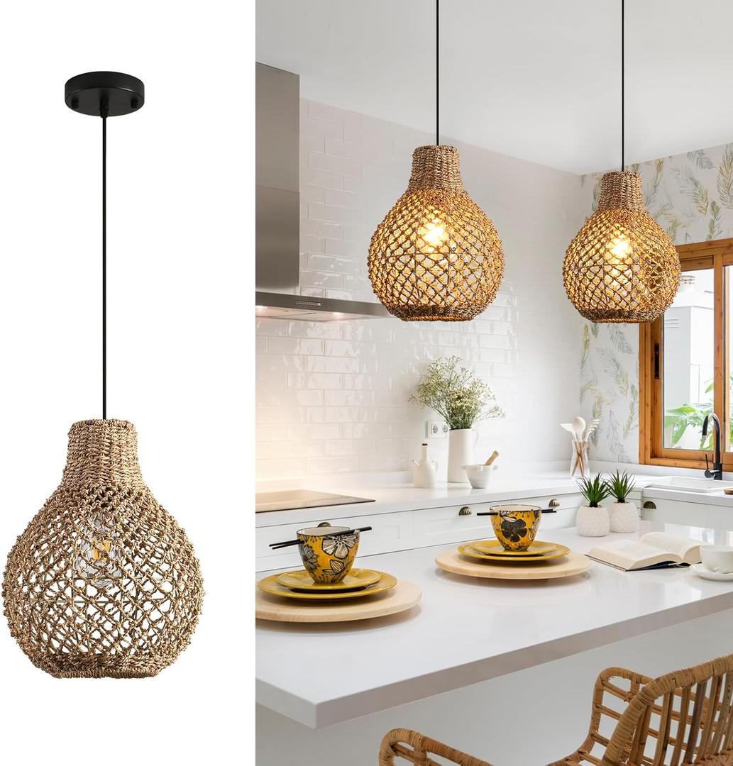 2-Pack Rattan Pendant Light Fixture, Bohemian Handmade Woven Bamboo Wicker Suspension Farmhouse Chandelier for Kitchen Island Bedroom Living Room (11.03inch)